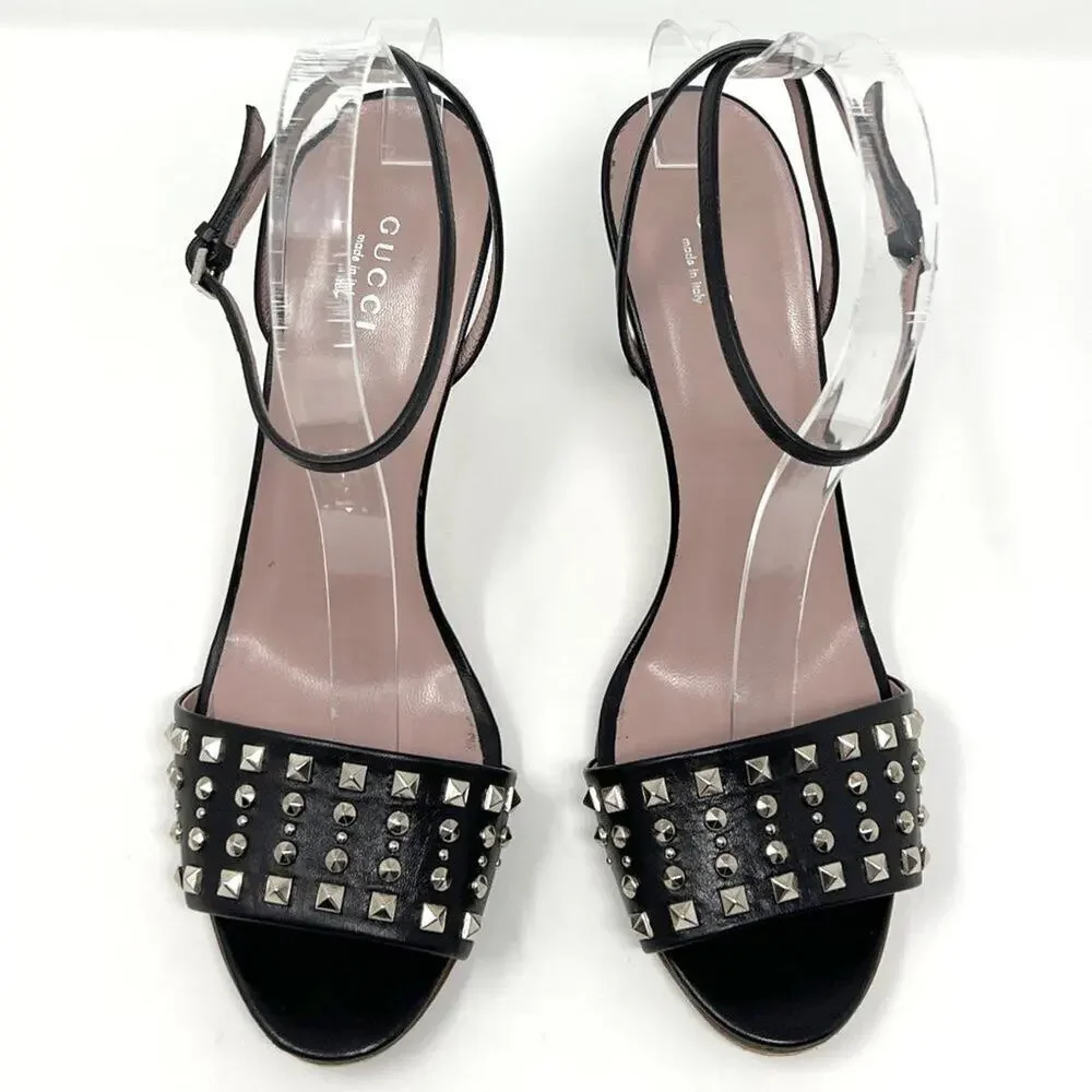 Gucci Sandals Black Leather Studded Ankle Strap Heels EU 39.5 / US 9.5 High Heel